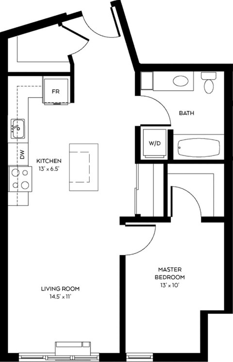 Floor plan for 1 bed, 1 bath, 714 sqft